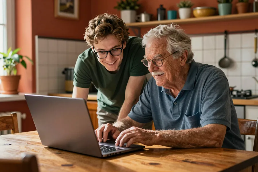 Młody sąsiad pomaga seniorowi obsłużyć laptopa
