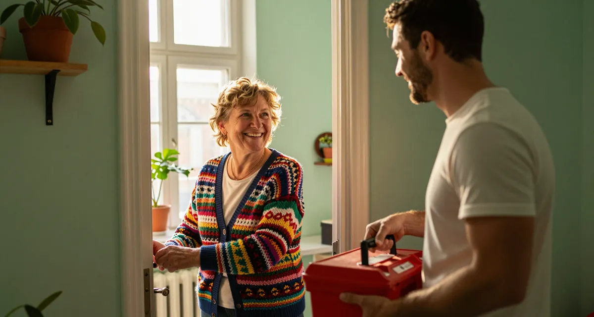 Seniorka otwiera drzwi sąsiadowi, który przyszedł ze skrzynką narzędzi
